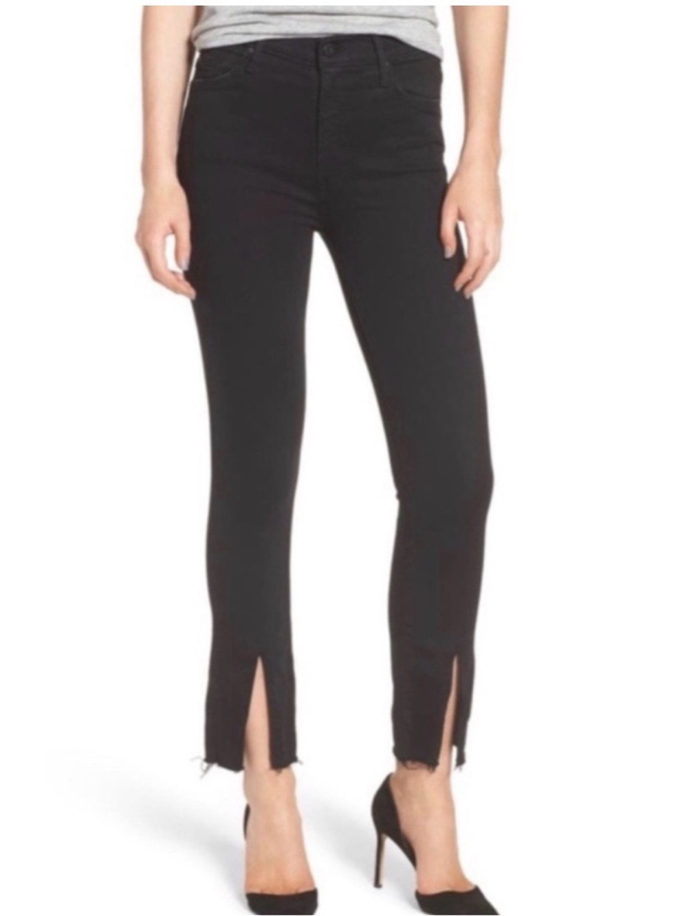 Mother Black Insider Slit Ankle Fray Crop Flare Jeans in Not Guilty